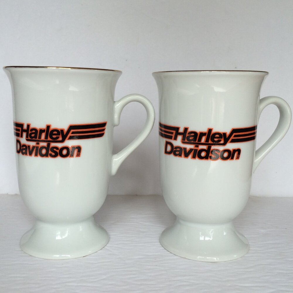 Harley Davidson Footed Coffee Mug Lot of 2 White Lettering Banawe Canada 8 oz